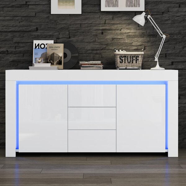Sweiko 140x40x65cm skříňka do obývacího pokoje,Moderní komoda se 3 zásuvkami, 2 dvířka,Šířka 140 cm,Boční skříňka ve vysokém lesku s LED světelným páskem,Příborník s úložným prostorem,Vhodná do předsíně, obývacího pokoje, kanceláře,Bílá barva