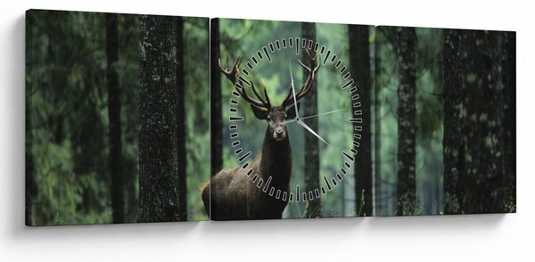 Obraz - Jelen v hlubokém lese (s hodinami) (90x30 cm)