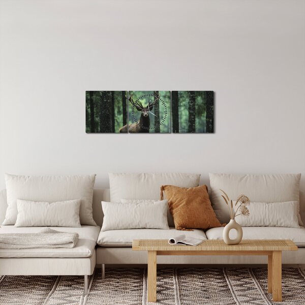 Obraz - Jelen v hlubokém lese (s hodinami) (90x30 cm)