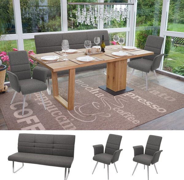 Set 2x jídelní židle+lavice HWC-G55, lavice kuchyňská židle+opěrka, látka/textil nerezová ocel šedohnědá lavice 180cm