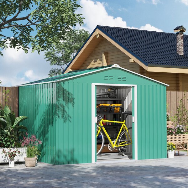 Zahradní domek Outsunny 4,9 m² 277x195x192 cm Zahradní skladový domek s posuvnými dveřmi, zesílenou sklolaminátovou střechou (podlaha NENÍ zahrnuta) a