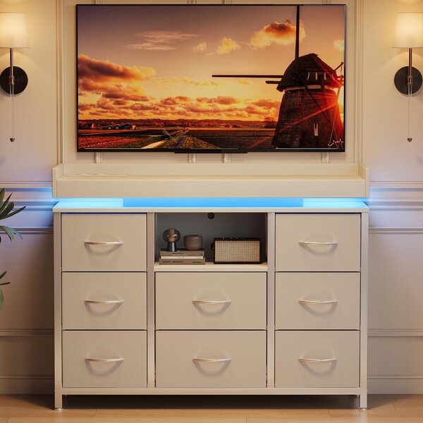 ProximaX Bílá komoda s 8 zásuvkami, dobíjecí stanicí a RGB LED osvětlením, látkovými zásuvkami, ochranou proti převrácení, robustním ocelovým rámem, skříňka pod televizi do obývacího pokoje a ložnice, 108 x 30 x 82 cm