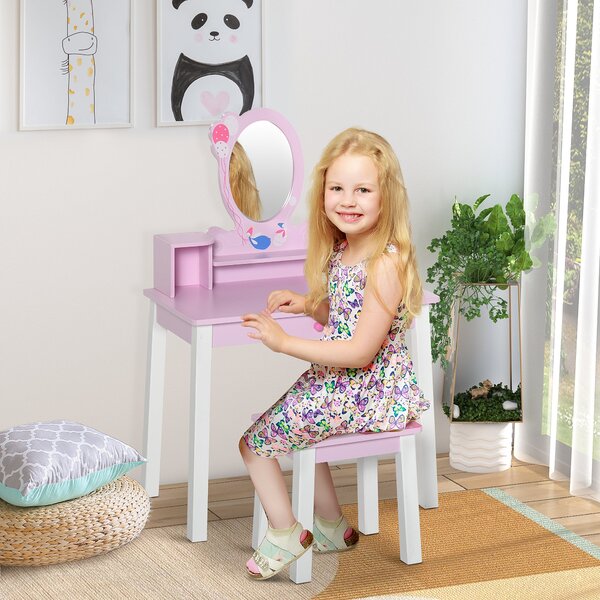 Dětský kosmetický stůl HOMCOM se stoličkou a zrcadlem pro princezny - dřevěný toaletní stolek pro dívky 60x34x93 cm | Aosom