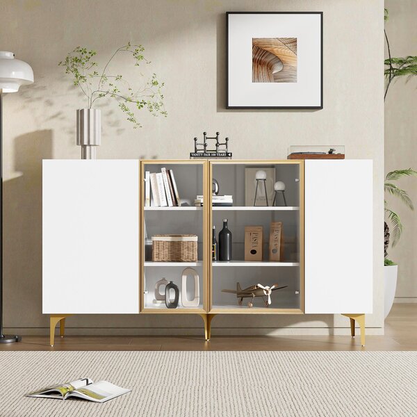 Fortuna Lai Elegantní 4dveřová komoda bílá se sklem a kovem, moderní design, bez úchytek, velký úložný prostor, komoda do obývacího pokoje, jídelny, komoda, skříň, vysoká kvalita
