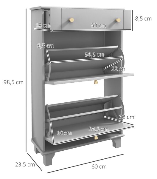 HOMCOM Úzká skříňka na boty do předsíně se 2 výklopnými přihrádkami a 1 vyjímatelnou zásuvkou pro 8 párů bot 60x23,5x98,5 cm Šedá | Aosom