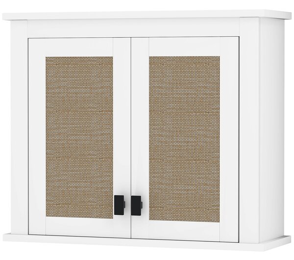 HOMCOM Víceúčelová nástěnná koupelnová skříňka s 2 ratanovými dveřmi a nastavitelnou policí 60x19,5x49,4 cm Bílá | Aosom