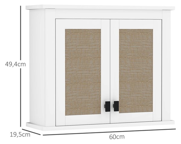 HOMCOM Víceúčelová nástěnná koupelnová skříňka s 2 ratanovými dveřmi a nastavitelnou policí 60x19,5x49,4 cm Bílá | Aosom