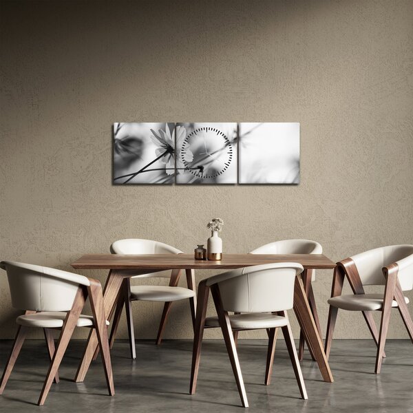 Obraz - Černobílé květiny (s hodinami) (90x30 cm)