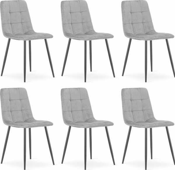 Židle CETARA světle šedý samet s kovovými područkami pro obývací pokoj, kancelář, ložnici, 6 kusů, rozměry 45x87x51 cm, nosnost do 110 kg