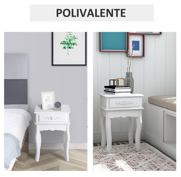 HOMCOM Noční stolek s 1 zásuvkou, dřevěný stolek pro ložnici a obývací pokoj, moderní styl 40x35x60 cm, bílý | Aosom