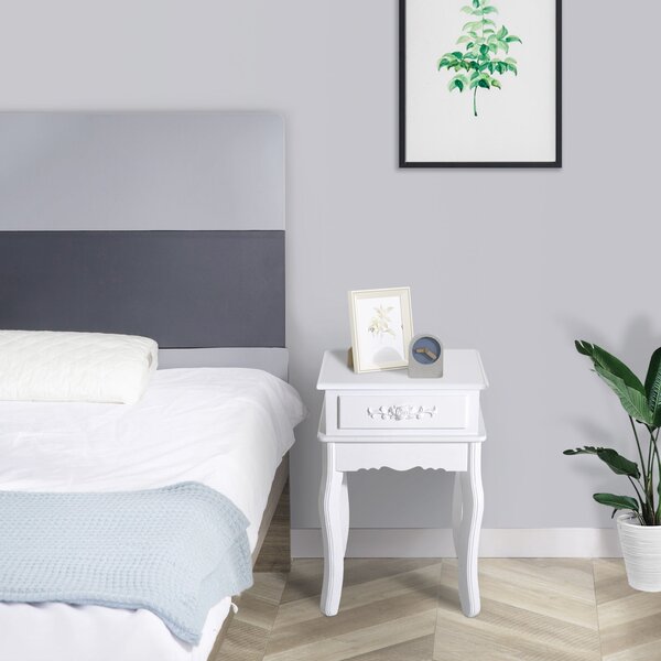 HOMCOM Noční stolek s 1 zásuvkou, dřevěný stolek pro ložnici a obývací pokoj, moderní styl 40x35x60 cm, bílý | Aosom