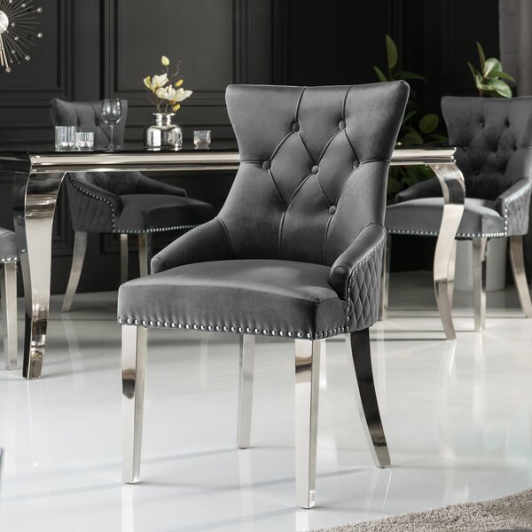 Riess-ambiente Elegantní židle CASTLE DELUXE šedý samet Chesterfield designová jídelní židle nýty jídelní židle jídelní židle