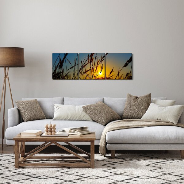 Obraz - Západ slunce v louce (s hodinami) (90x30 cm)