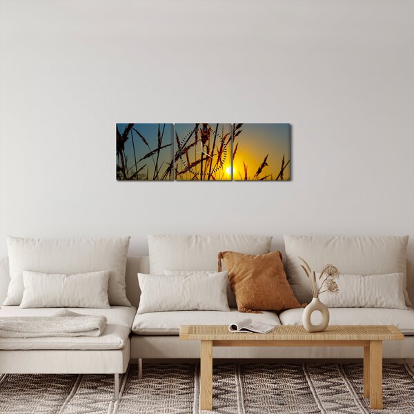Obraz - Západ slunce v louce (s hodinami) (90x30 cm)
