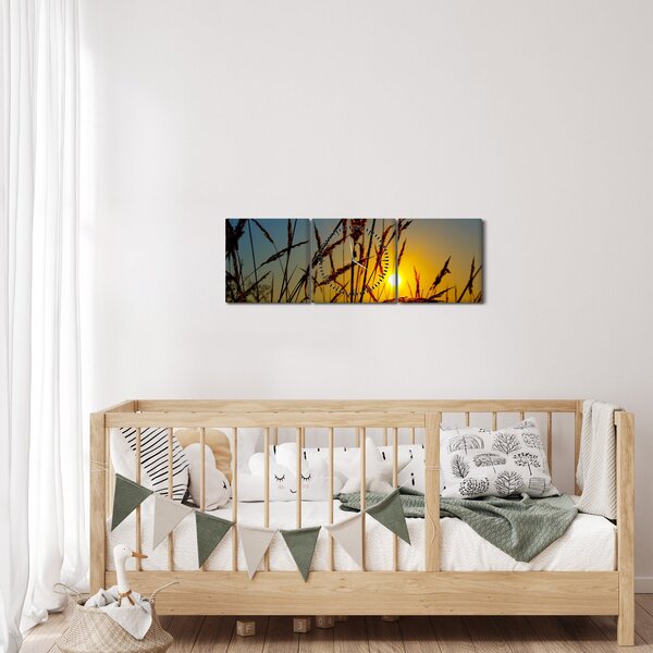 Obraz - Západ slunce v louce (s hodinami) (90x30 cm)