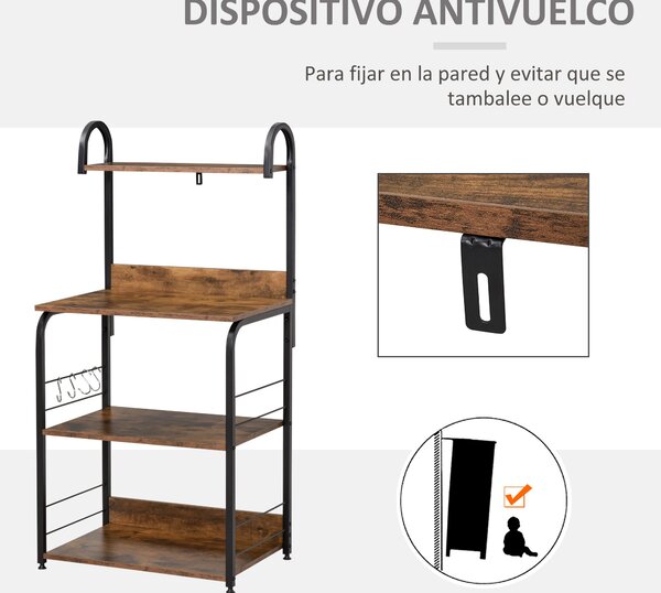HOMCOM 4-úrovňová kuchyňská police s háčky a stojanem na mikrovlnnou troubu 60x40x125 cm Rustikální hnědá a černá | Aosom