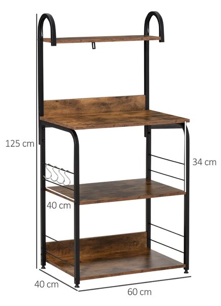HOMCOM 4-úrovňová kuchyňská police s háčky a stojanem na mikrovlnnou troubu 60x40x125 cm Rustikální hnědá a černá | Aosom