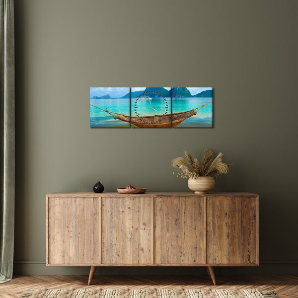 Obraz houpací sítě na pláži 3 (s hodinami) (90x30 cm)