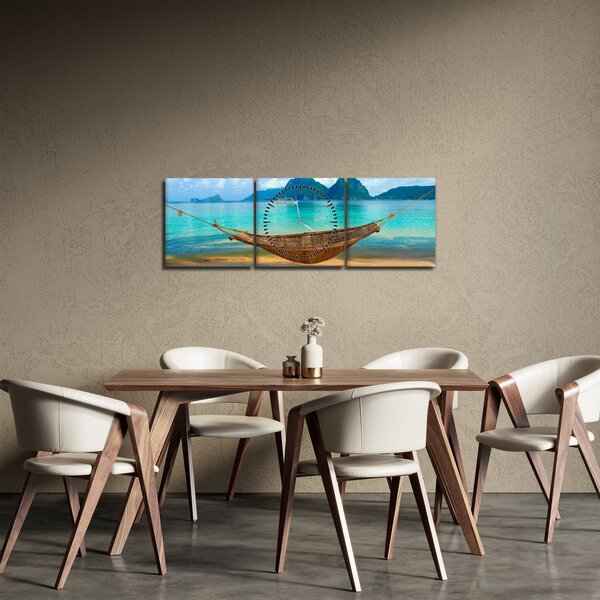 Obraz houpací sítě na pláži 3 (s hodinami) (90x30 cm)