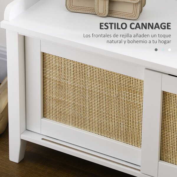 HOMCOM Botník se Sedadlem, Botový Kabinet se Sedací Ploché 2 Ratanové Dveře, Bohemian Styl, Nosnost 130 kg, pro Předsíň, 80x35x45 cm Bílá a Přírodní |