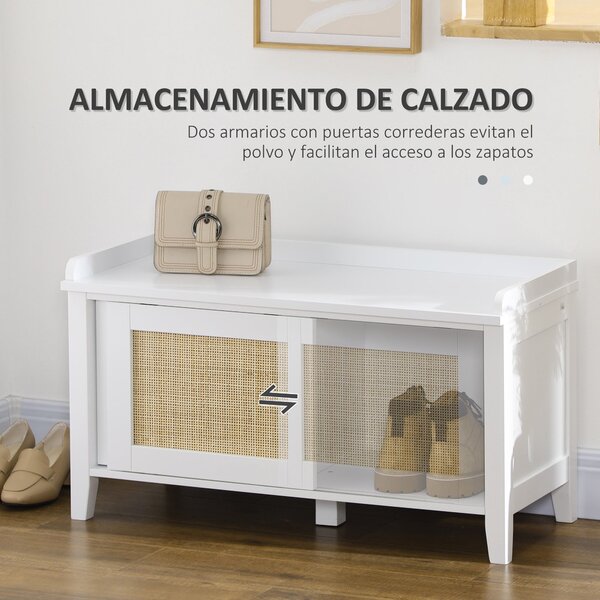 HOMCOM Botník se Sedadlem, Botový Kabinet se Sedací Ploché 2 Ratanové Dveře, Bohemian Styl, Nosnost 130 kg, pro Předsíň, 80x35x45 cm Bílá a Přírodní |