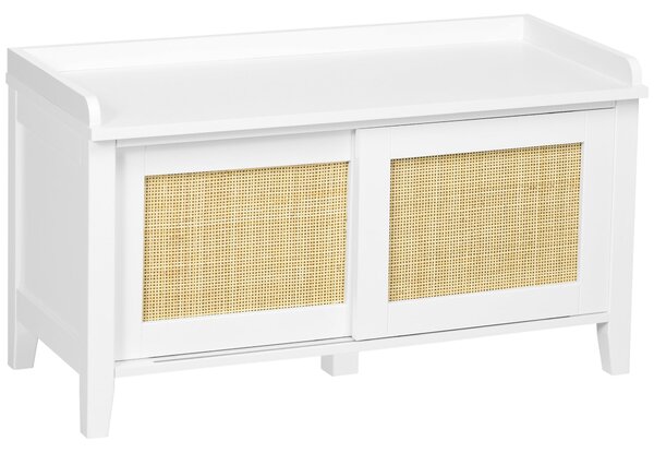 HOMCOM Botník se Sedadlem, Botový Kabinet se Sedací Ploché 2 Ratanové Dveře, Bohemian Styl, Nosnost 130 kg, pro Předsíň, 80x35x45 cm Bílá a Přírodní |