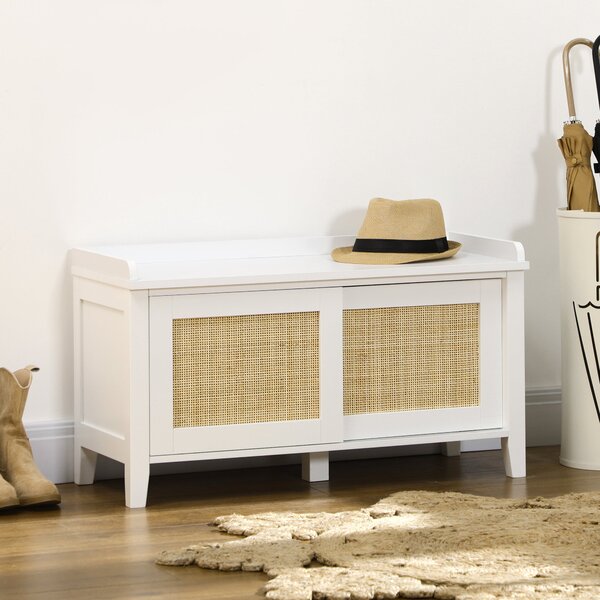HOMCOM Botník se Sedadlem, Botový Kabinet se Sedací Ploché 2 Ratanové Dveře, Bohemian Styl, Nosnost 130 kg, pro Předsíň, 80x35x45 cm Bílá a Přírodní |