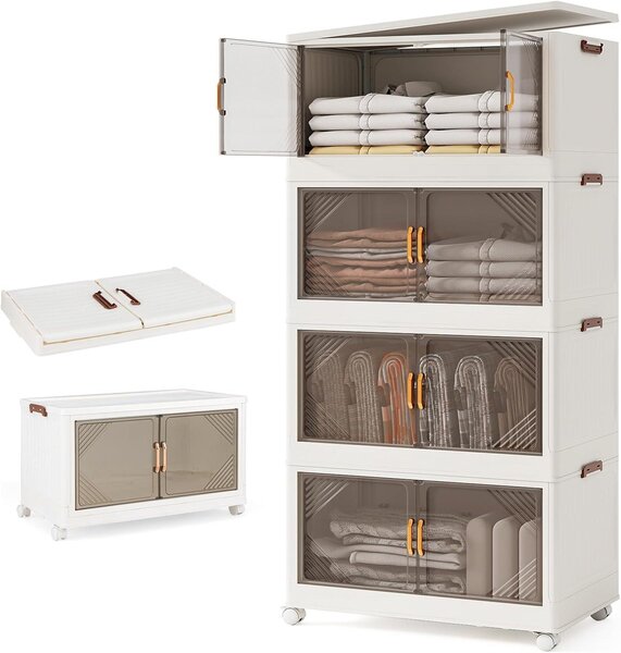 KOMFOTTEU skládací úložný box, stohovatelný úložný kontejner se 4 kolečky, plastová úložná věž s víkem (284L, 65 x 39 x 142 cm)