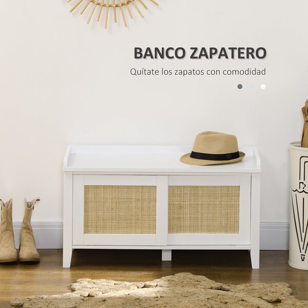 HOMCOM Botník se Sedadlem, Botový Kabinet se Sedací Ploché 2 Ratanové Dveře, Bohemian Styl, Nosnost 130 kg, pro Předsíň, 80x35x45 cm Bílá a Přírodní |