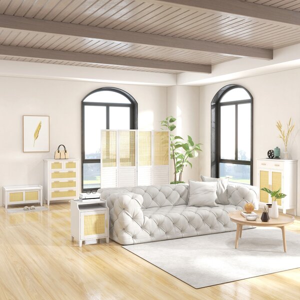 HOMCOM Botník se Sedadlem, Botový Kabinet se Sedací Ploché 2 Ratanové Dveře, Bohemian Styl, Nosnost 130 kg, pro Předsíň, 80x35x45 cm Bílá a Přírodní |