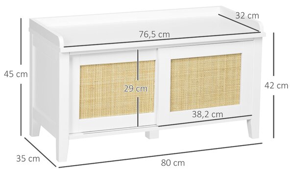 HOMCOM Botník se Sedadlem, Botový Kabinet se Sedací Ploché 2 Ratanové Dveře, Bohemian Styl, Nosnost 130 kg, pro Předsíň, 80x35x45 cm Bílá a Přírodní |