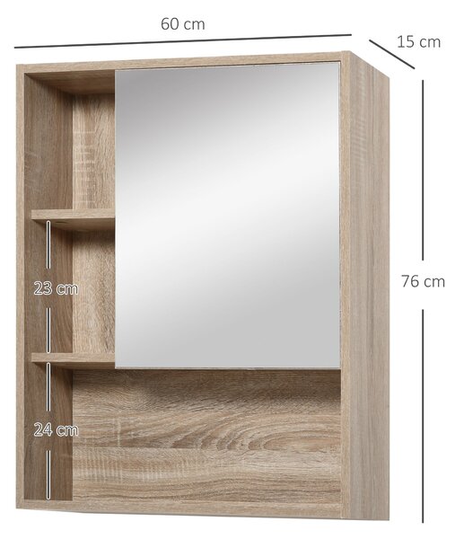 Kleankin zrcadlová skříňka do koupelny - nástěnná skříňka s výškově nastavitelnou policí 60x15x76 cm v dubovém dekoru | Aosom