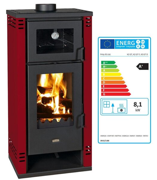 Krbová kamna Prity K2 GT F s pečicí komorou - 8,1 kW, elegantní design, Bordeaux, energetická třída A+