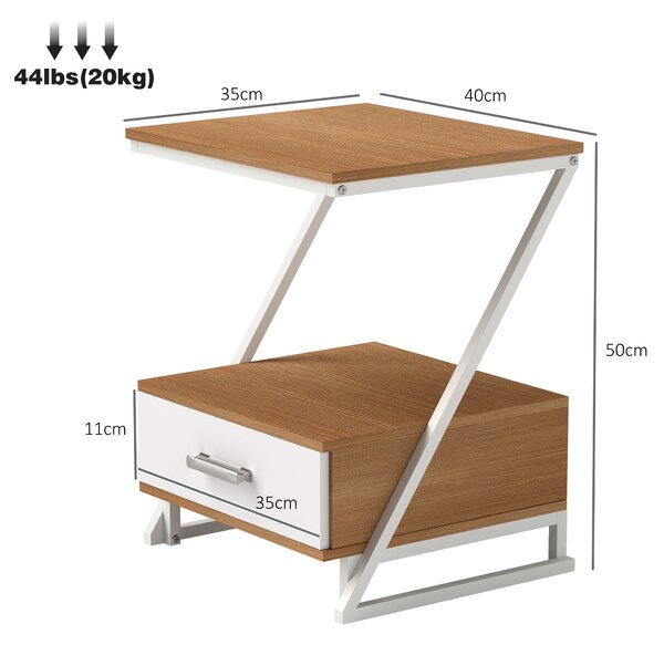 HOMCOM Sada 2 bočních stolů do obývacího pokoje - Z-tvarované koncové stoly se zásuvkou a přihrádkou do obývacího pokoje a ložnice 40x35x50 cm Přírodn