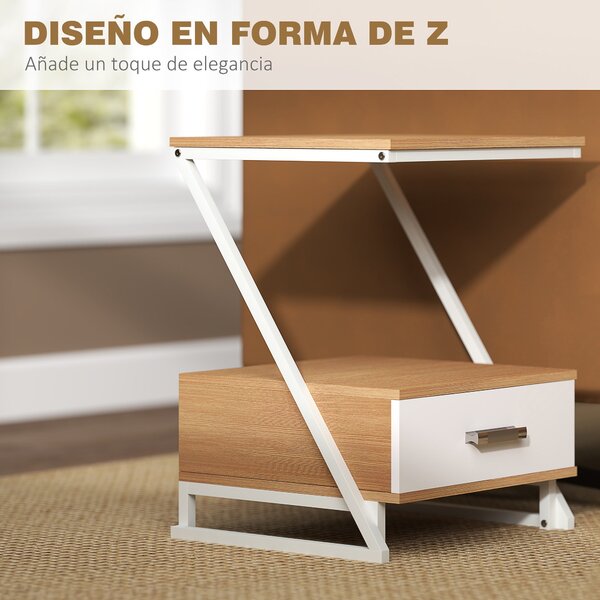 HOMCOM Sada 2 bočních stolů do obývacího pokoje - Z-tvarované koncové stoly se zásuvkou a přihrádkou do obývacího pokoje a ložnice 40x35x50 cm Přírodn