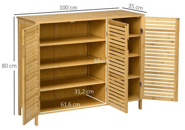 HOMCOM Bambusový botník se 3 žaluziovými dveřmi, nastavitelnými policemi pro 16 párů bot na chodbu 100x35x80 cm Přírodní | Aosom