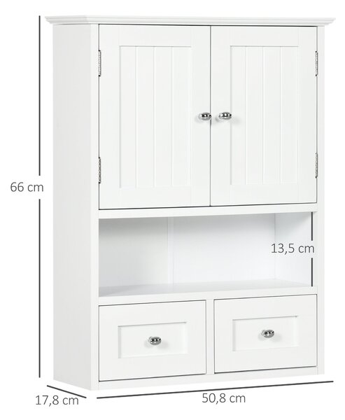 Kleankin Nástěnná skříňka do koupelny - Zavěsná skříňka s 2 dveřmi a 2 šuplíky pro moderní kuchyň 50,8x17,8x66 cm Bílá | Aosom