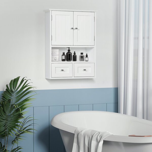 Kleankin Nástěnná skříňka do koupelny - Zavěsná skříňka s 2 dveřmi a 2 šuplíky pro moderní kuchyň 50,8x17,8x66 cm Bílá | Aosom