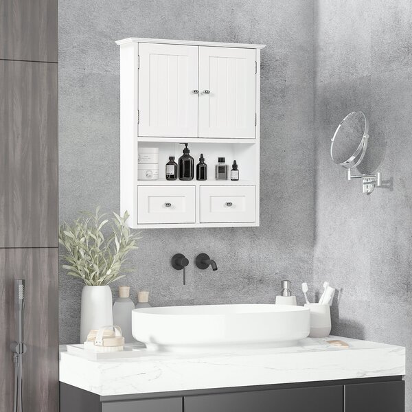 Kleankin Nástěnná skříňka do koupelny - Zavěsná skříňka s 2 dveřmi a 2 šuplíky pro moderní kuchyň 50,8x17,8x66 cm Bílá | Aosom