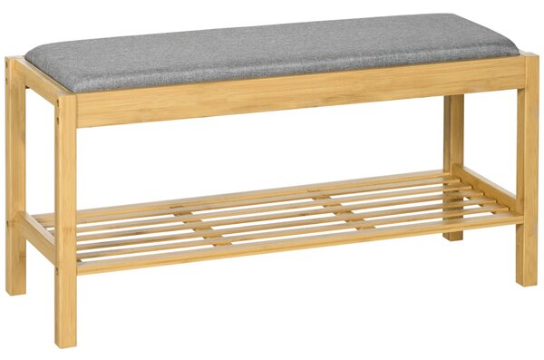 HOMCOM Bambusová botník s čalouněným sedadlem pro 3 páry bot a roštovou policí na předsíň 90x30x46 cm Přírodní | Aosom