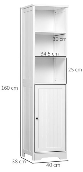 Kleankin Vysoká Koupelnová Skříňka 5-Úrovňový Koupelnový Sloupec s 3 Policemi, 1 Dveřmi a Nastavitelnou Vnitřní Policí 40x38x160 cm Bílá | Aosom