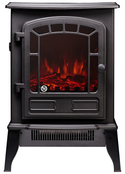 Elektrický sporák Sureflame Ripon v černé barvě, rozměry 56,5 cm x 38 cm x 24 cm, LED plamen, topný výkon 0,9 kW – 1,8 kW