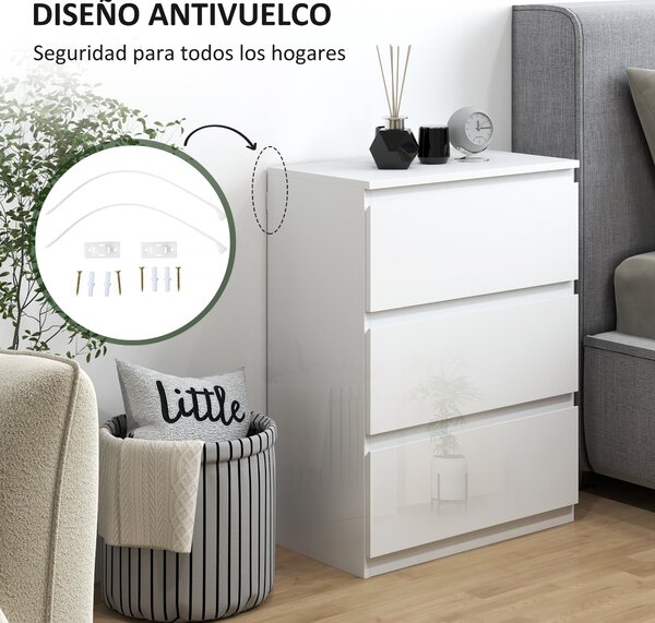 HOMCOM Komoda se 3 zásuvkami Moderní komoda do ložnice s designem proti převrhnutí 55x34x75 cm Světlá bílá | Aosom