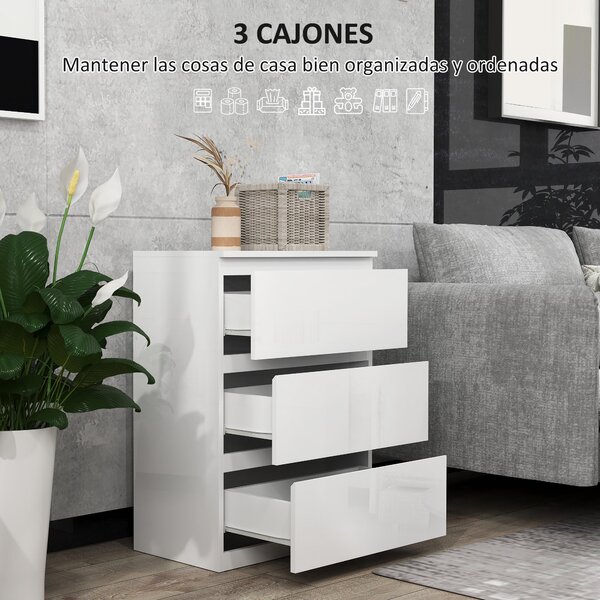 HOMCOM Komoda se 3 zásuvkami Moderní komoda do ložnice s designem proti převrhnutí 55x34x75 cm Světlá bílá | Aosom