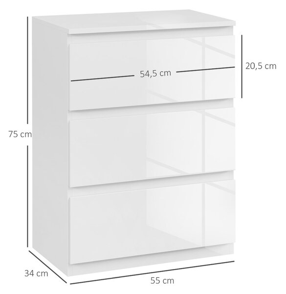 HOMCOM Komoda se 3 zásuvkami Moderní komoda do ložnice s designem proti převrhnutí 55x34x75 cm Světlá bílá | Aosom