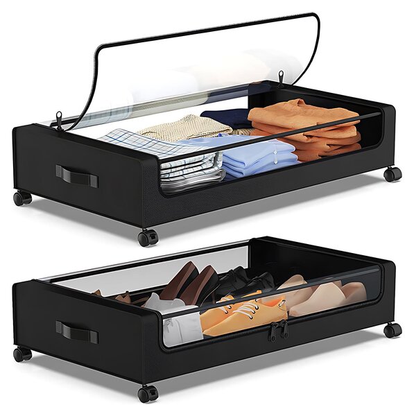 Úložné boxy pod postelí s víkem a kolečky, multifunkční úložné boxy na oblečení v ložnici, dobře viditelné, prachotěsné zásuvky organizéru pod postelí s přenosným madlem