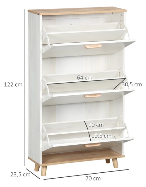 HOMCOM Moderní botník Úzký botníkový regál s 3 skládacími zásuvkami pro 12 párů obuvi a nastavitelnou policí pro předsíň 70x23,5x122 cm Bílý | Aosom