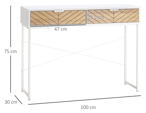 HOMCOM Úzký konzolový stolek do předsíně s 2 zásuvkami, design s vyřezávanými liniemi, moderní styl pro chodbu, obývací pokoj a ložnici 100x30x75 cm b