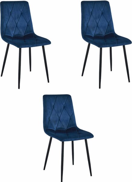 Židle Valora LIBRA, tmavě modrá, sametová, černá, sada 3 ks | Sada 3 tmavě modrých židlí s elegantním kontrastem