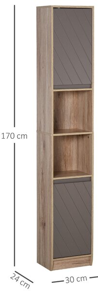 HOMCOM Vysoká koupelnová skříň s 2 dveřmi a 2 otevřenými policemi na úložný nábytek do obývacího pokoje nebo chodby 30x24x170 cm Dub a šedá | Aosom